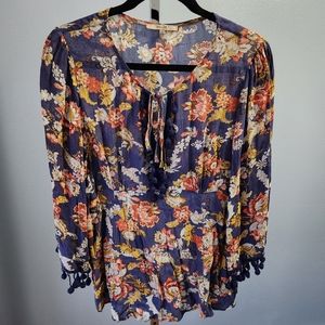 Miss Me Floral Boho Tunic Blouse Women's Small Blue Red Gold Tassel Lightweight.